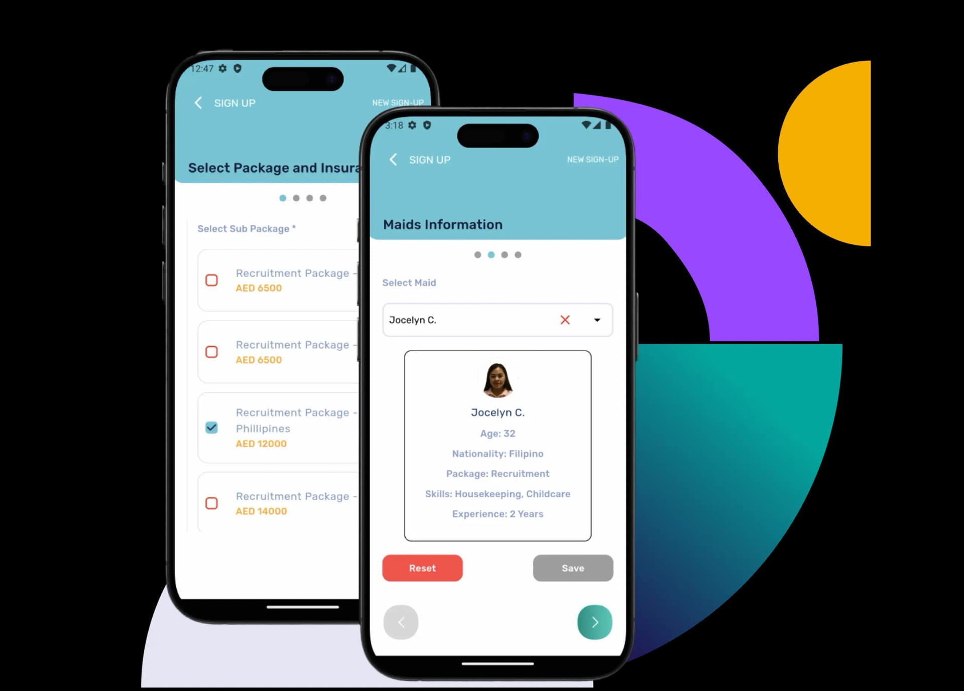 Expat Maids mobile app screens