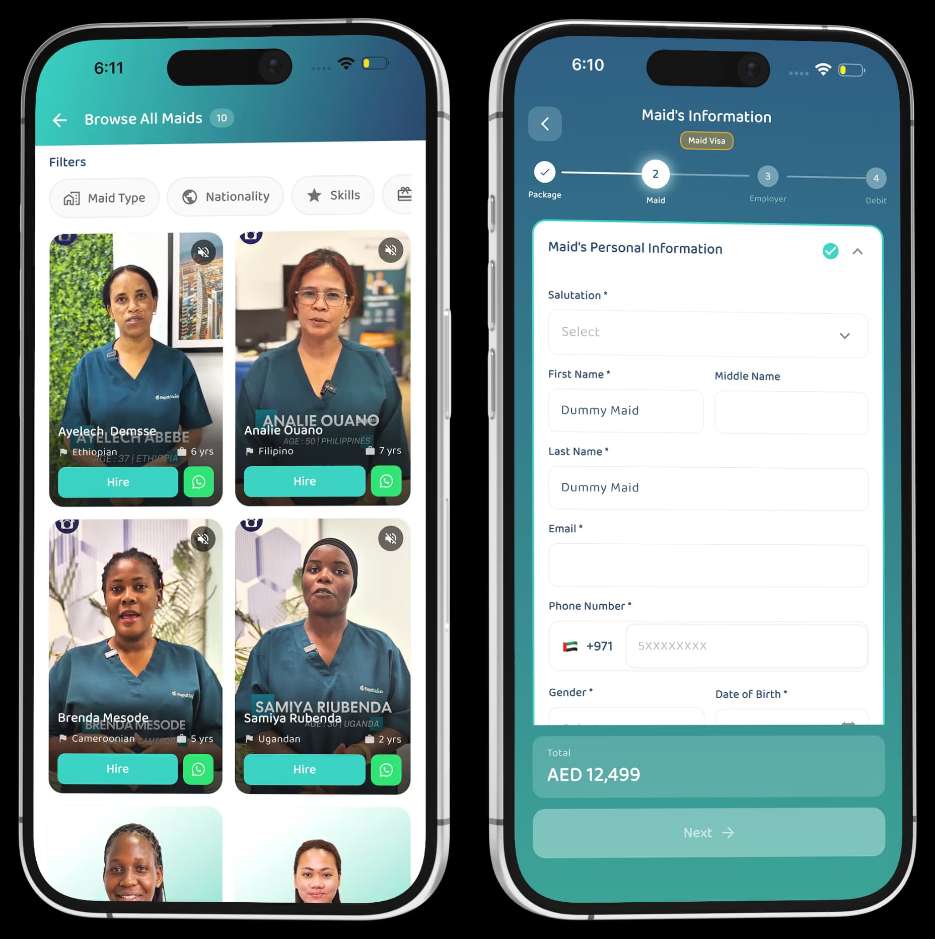 Expat Maids mobile app screens